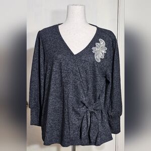 (NWOT) Adrianne Vittadini - Gray V-Neck Top with Beaded Embellishment (NWOT)